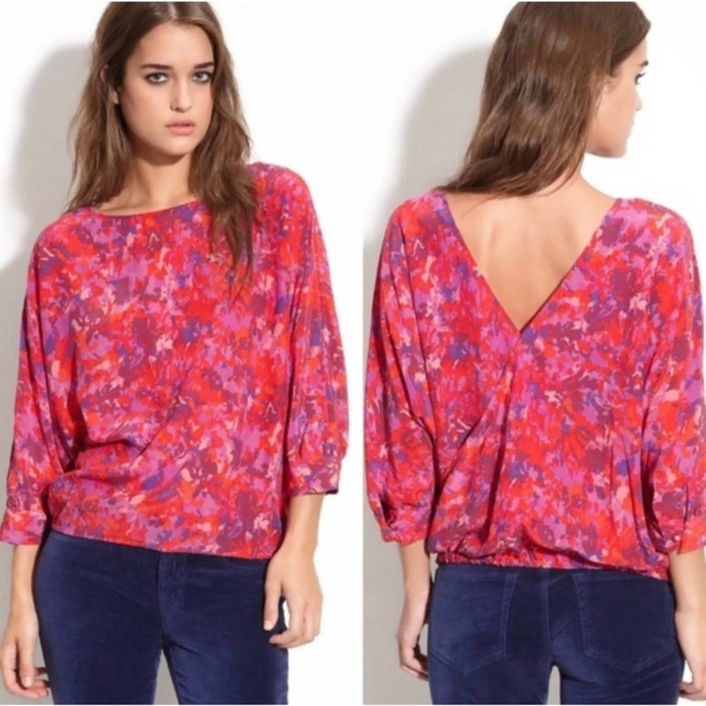Joie 100% Silk Pink Purple Abstract Printed Blouse Top Surplice Back 3/4 Sleeve